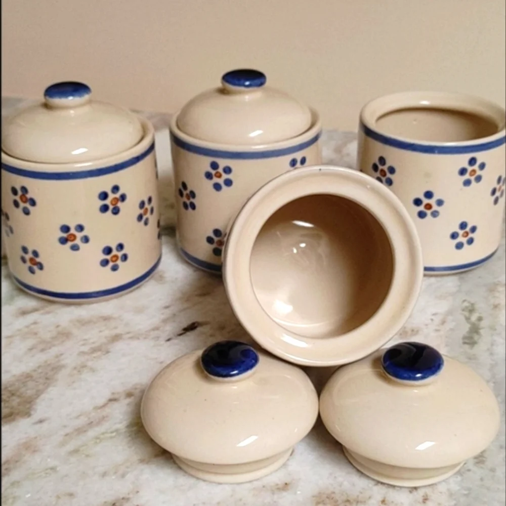 4 Mini VTG Ceramic Canisters Naaman Porcelain Israel Ivory Blue & Burgundy